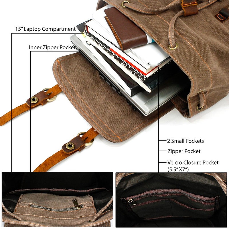GEARONIC Vintage Canvas Backpack, Casual Daypack Backpacks for Men Women, 15inch Laptop Bag Travel Hiking Camping Rucksack - Brown - Image 2